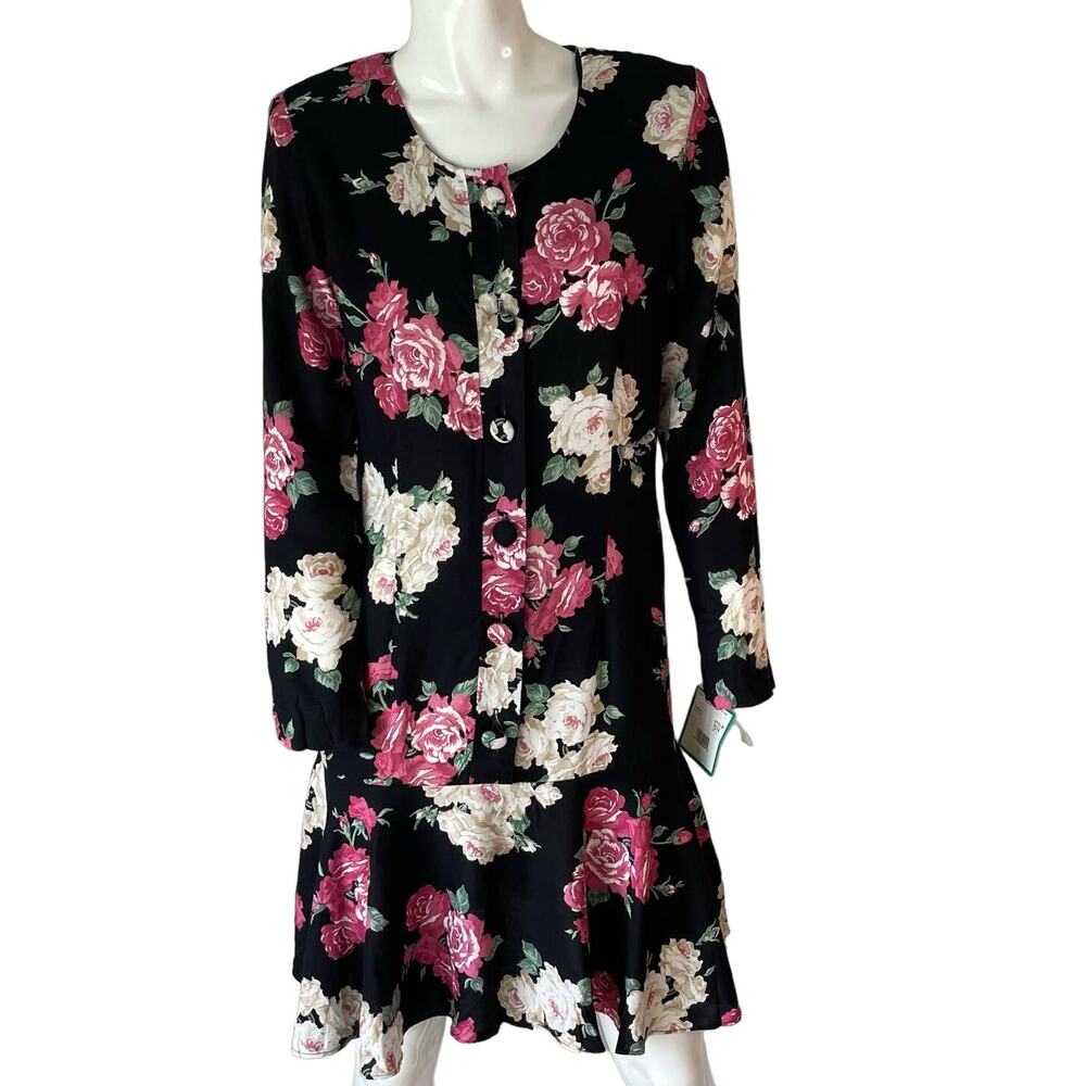 LESLIE FAY Vintage 90s Dress Black Floral Button Front Drop Waist Dress 10P